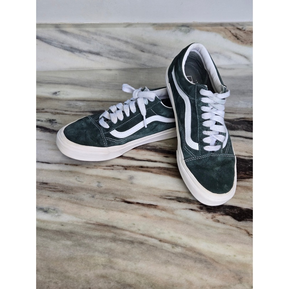 Vans Old Skool Forest Green Suede Low Top Skate Sneakers White‎ Stripe M 8 w 9.5